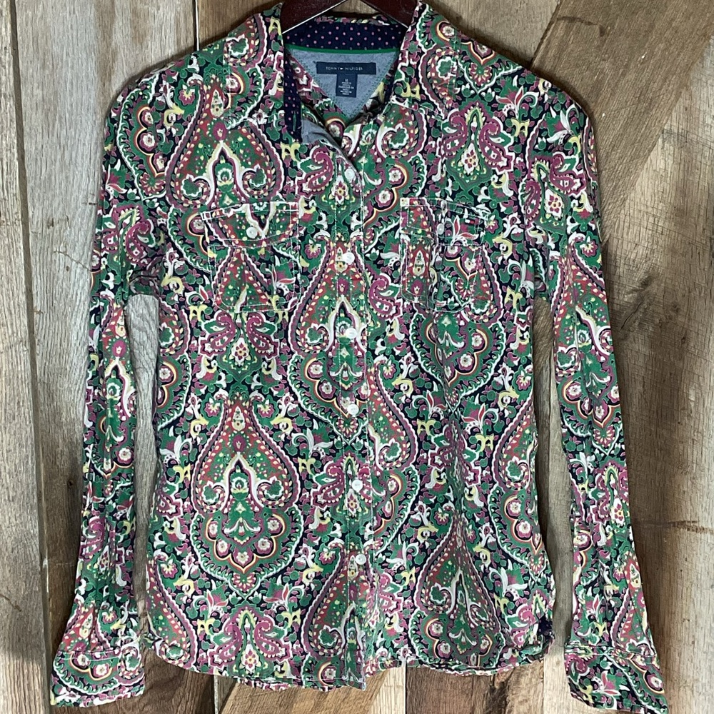 Tommy Hilfiger Women Green Paisley Button Up Roll Tab Sleeves Blouse Size Medium